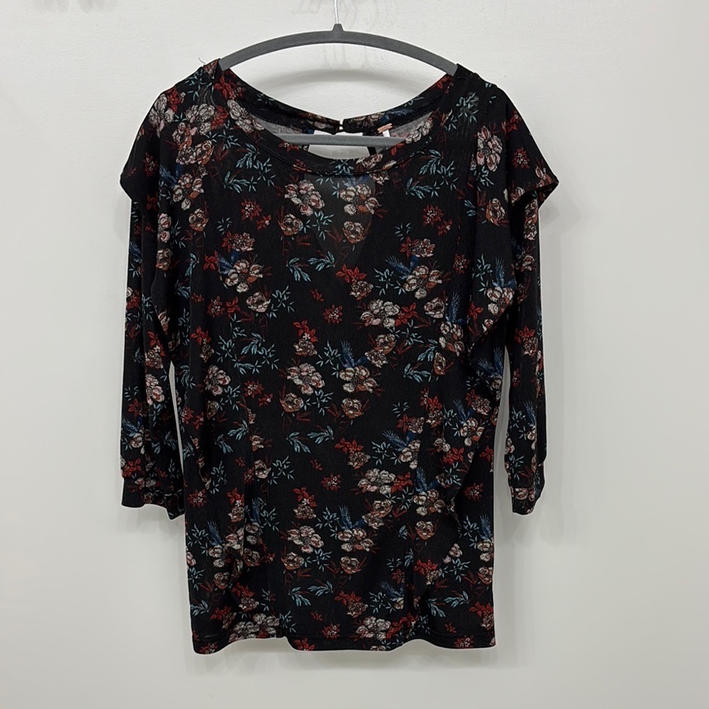 Free People Dock Street Black and Red Floral Top Shirt fall florals ruffles - Picture 4 of 10